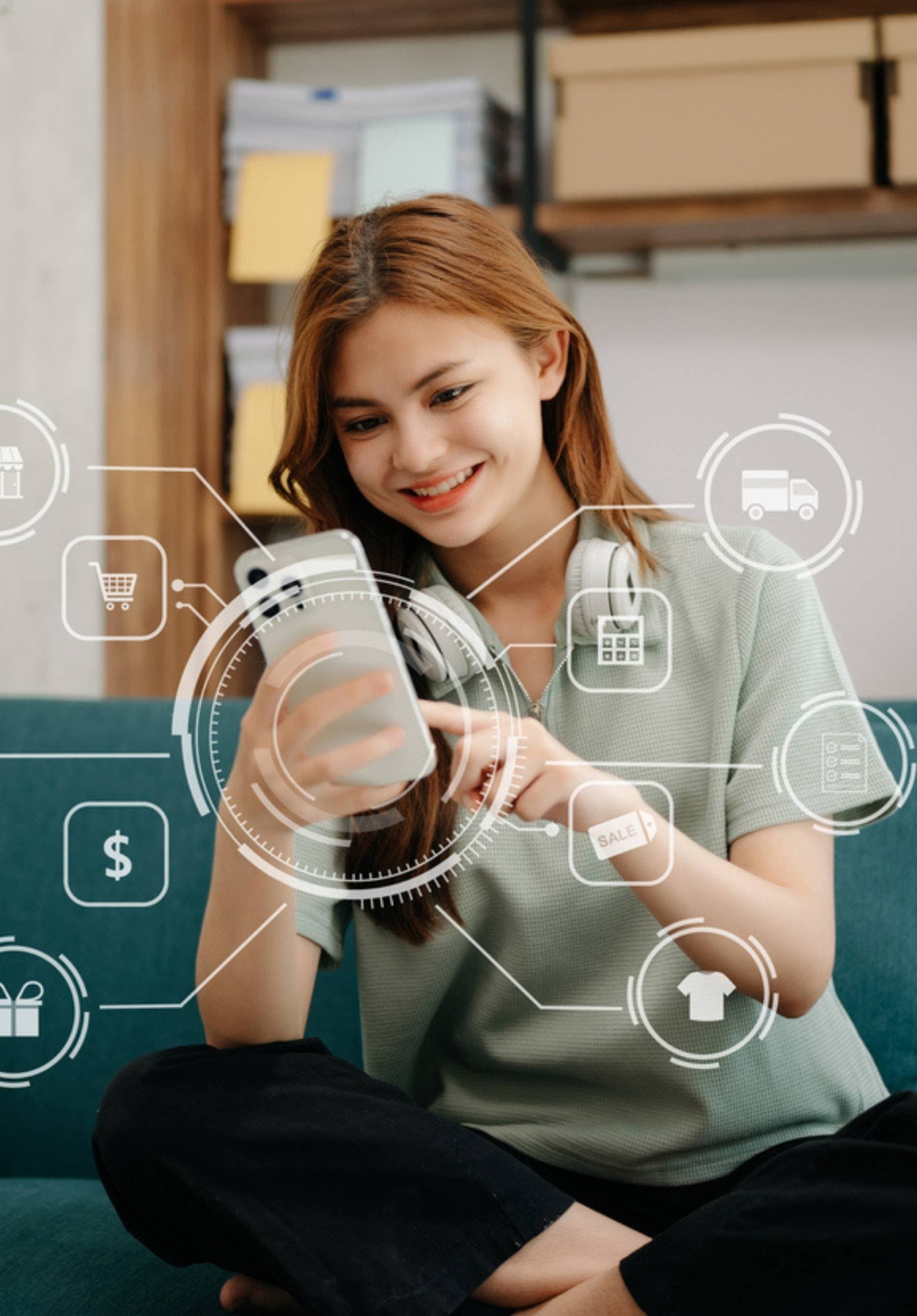 Junge Frau nutzt Shopping-App mit digitalen Symbolen im Wohnzimmer